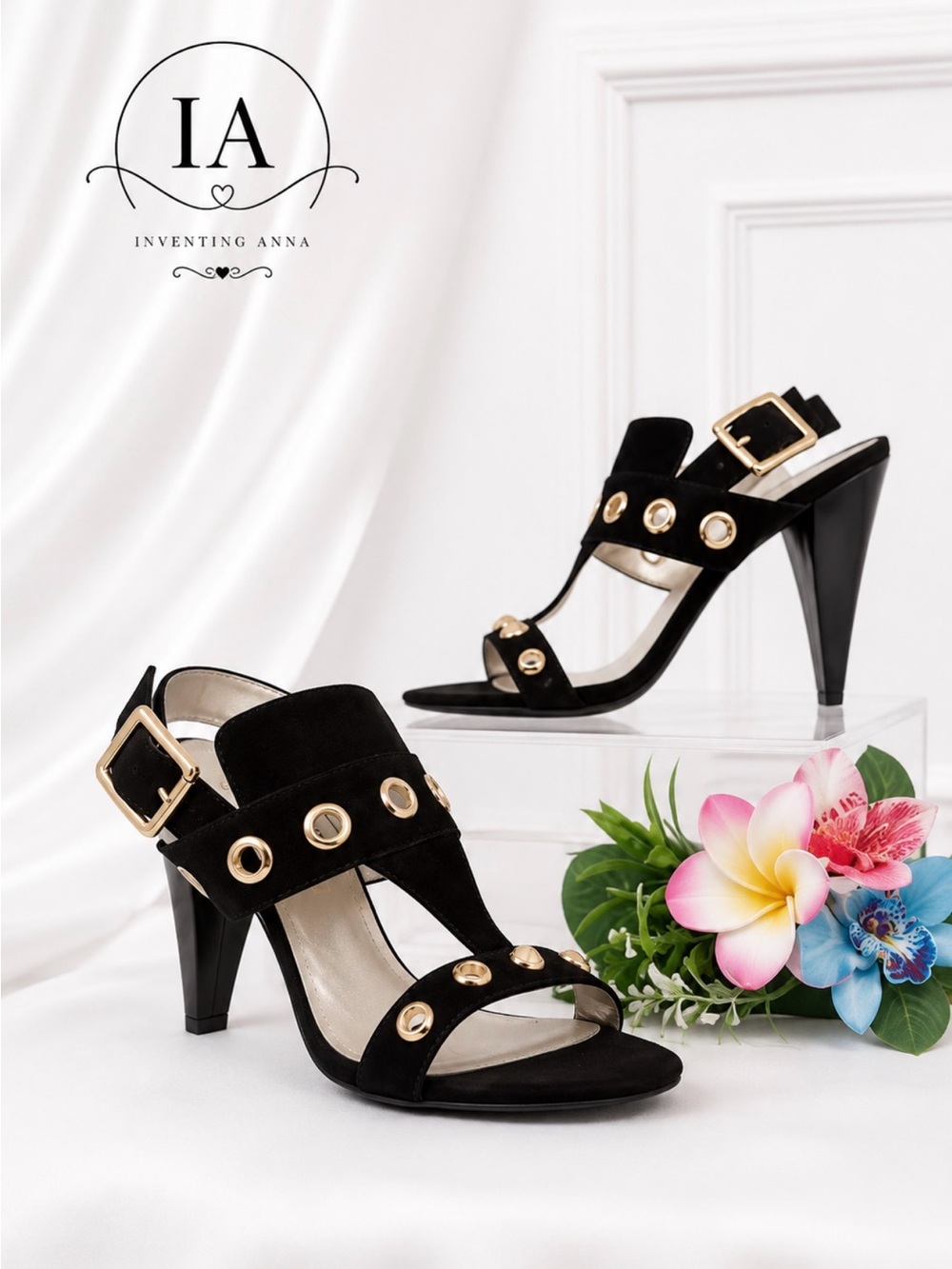Black Suede Heeled Sandals w/Pointed Heel and Gold Grommet Accents